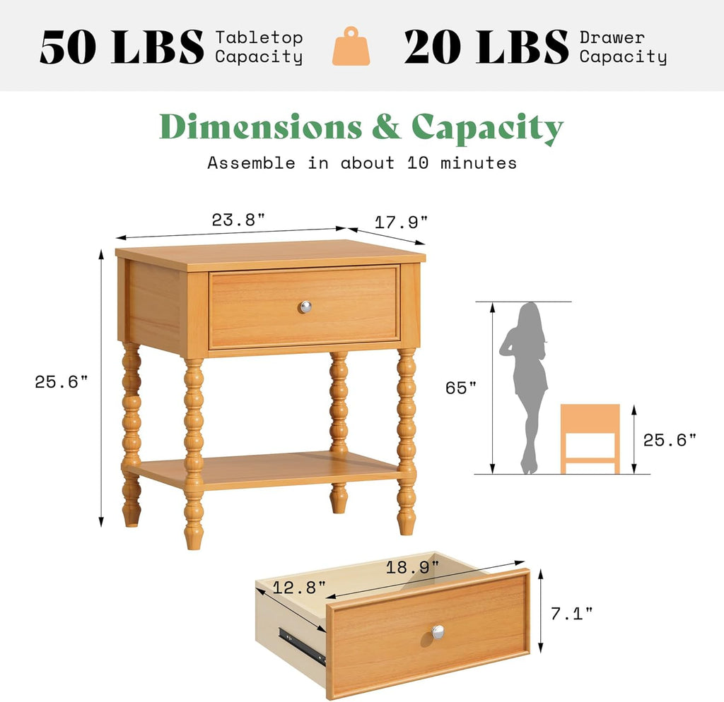 AMERLIFE 24" Wood Nightstand Set of 2, Vintage Bedside Table for Bedroom, Solid Wood Night Stand with Turned Legs, End Table with Drawer & Open Shelf, Natural Finish
