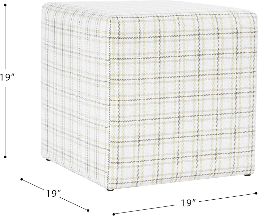 HomePop 19” Square Upholstered Ottoman with Solid & Engineered Wood Frame, Modern Cube Accent Stool for Living Room, Bedroom or Entryway - Natural Plaid Woven Fabric