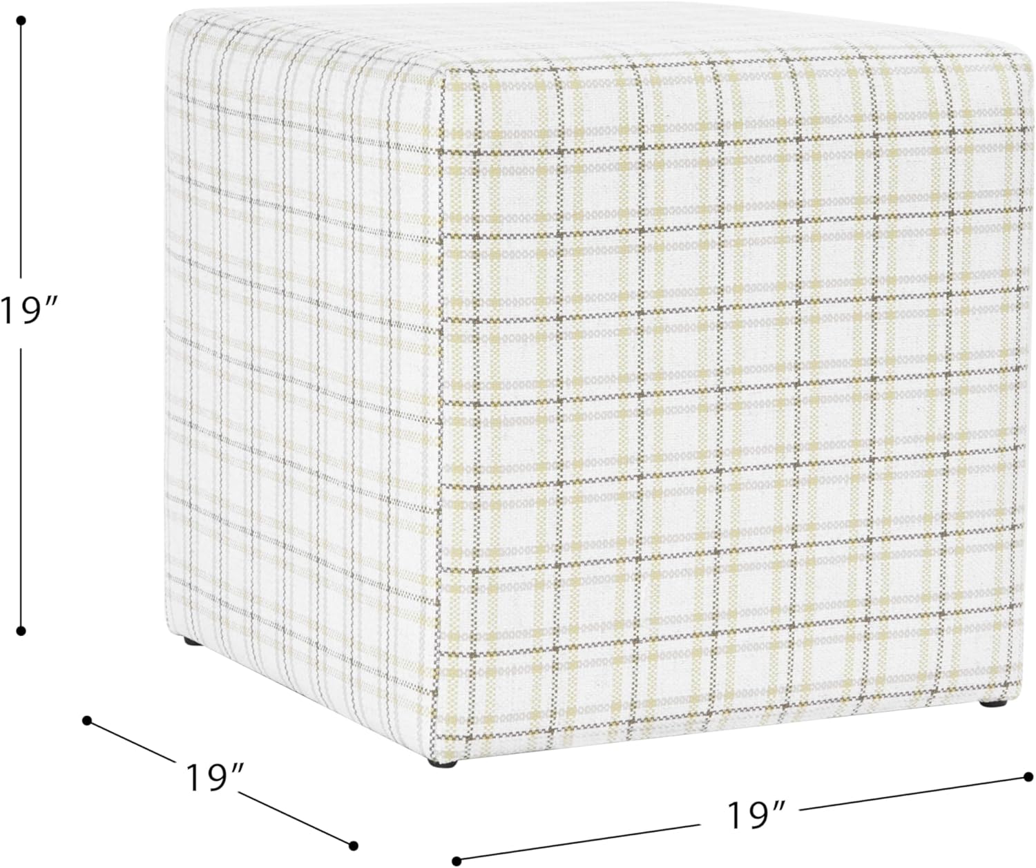 HomePop 19” Square Upholstered Ottoman with Solid & Engineered Wood Frame, Modern Cube Accent Stool for Living Room, Bedroom or Entryway - Natural Plaid Woven Fabric