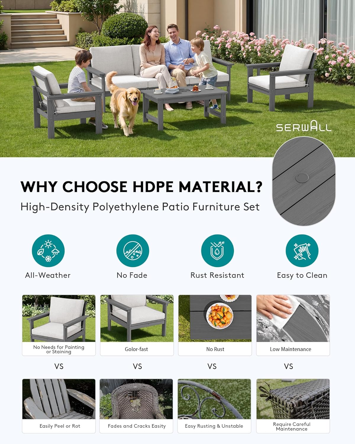 SERWALL HDPE Patio Conversation Set, 6-piece Sectional Outdoor Furniture Set, All Weather Outdoor Couch Set Patio Furniture Set for Deck, Lawn, Grey Frame with Khaki Cushion