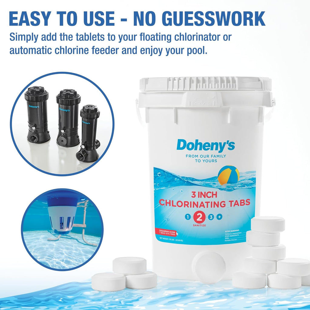 Doheny's 3-Inch Stabilized Chlorine Tablets for Sanitizing Swimming Pools | 99% Pure Tri-Chlor, 90% Available Chlorine | Long-Lasting, UV-Protected, Slow-Dissolving | Individually Wrapped 50lb Bucket
