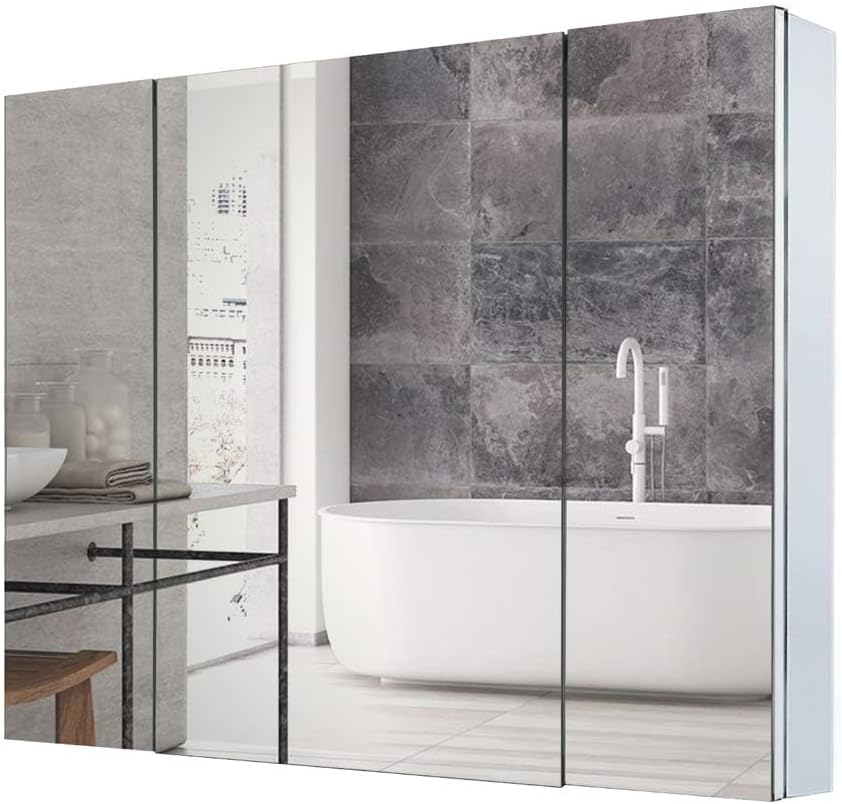 Movo Double Doors Medicine Cabinet with Mirror, 36 inch X 26 inch Aluminum Bathroom Medicine Cabinet, Adjustable Glass Shelves, Waterproof and Rust-Resist, Recess or Surface Mount Installation,Silver