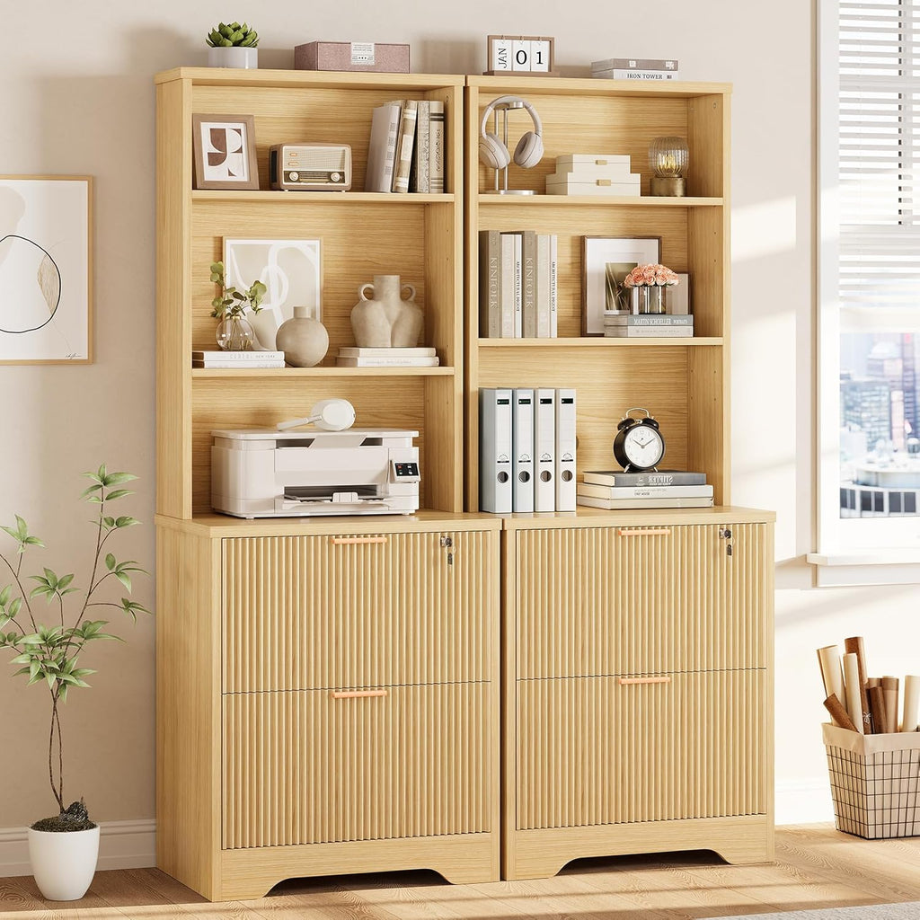 SEDETA 2 Drawer File Cabinet with Lock, Wood Filing Cabinet fits Letter, Legal, A4 Size, Hanging File Folders, Farmhouse File Cabinets for Home Office with Adjustable Storage Shelf, Natural Oak