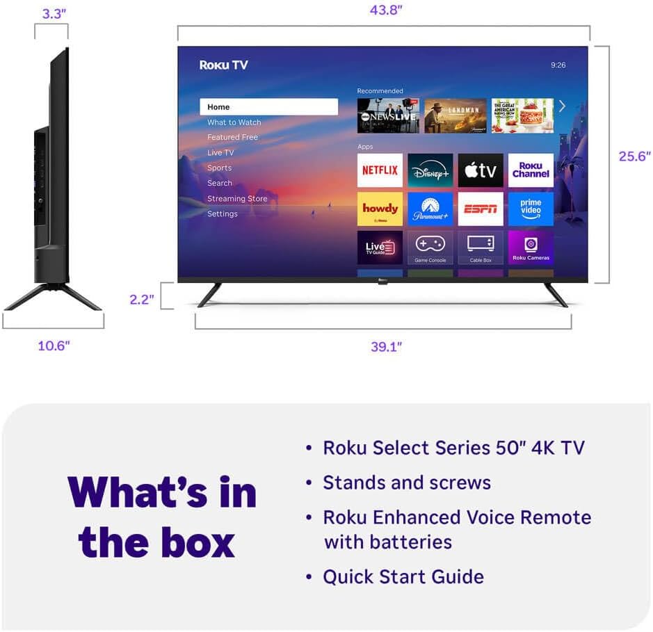 Roku 55-Inch Select Series 4K UHD Smart TV - HDR, Dolby Audio, Compatible with Alexa, Voice Remote, Bluetooth Mode, w/AUX HDMI Cable, CPS 1-Year Protection Plan + Streaming kit