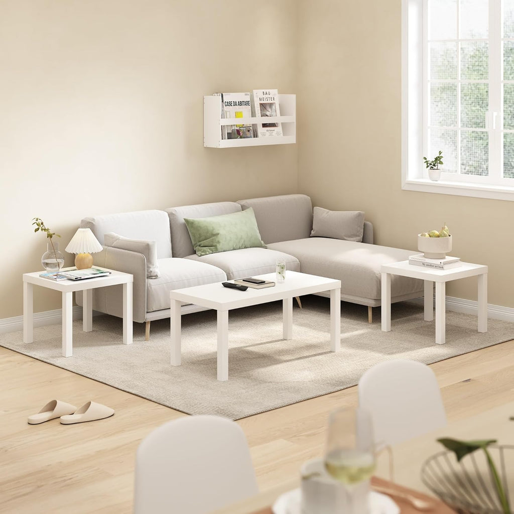 Furinno Classic Living Room Table Set of 3, Modern Rectangle Coffee Table with 2 Square Side Tables, End Tables, 1.8 Inch Thick Tabletop for Living Room, Home Office, White