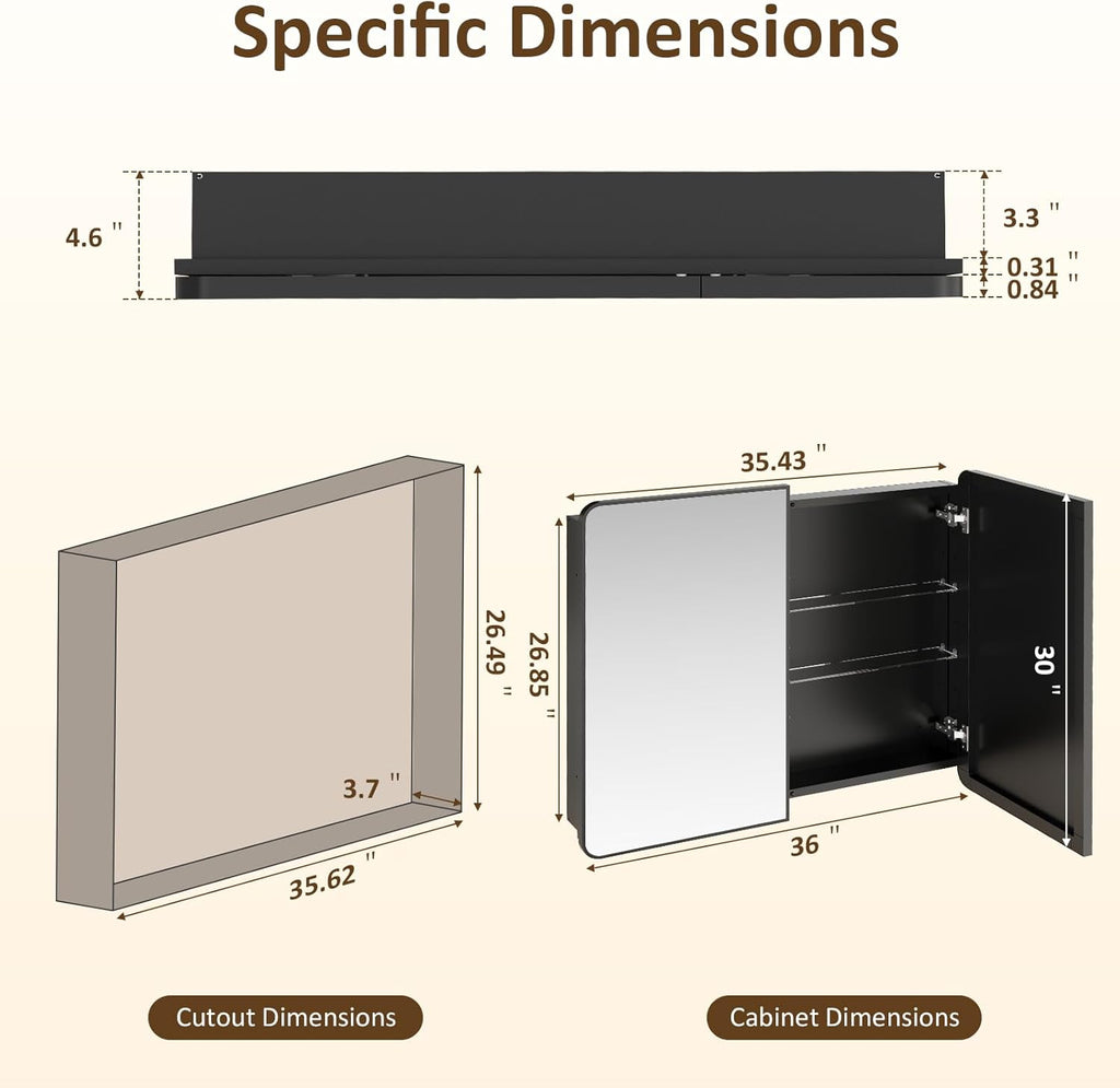 Medicine Cabinet Mirror 30x36 Inch, Double-Sided Bathroom Mirror Cabinet with Adjustable Glass Shelves, 2-Compartment Bathroom Mirror with Storage Recessed or Wall Mount