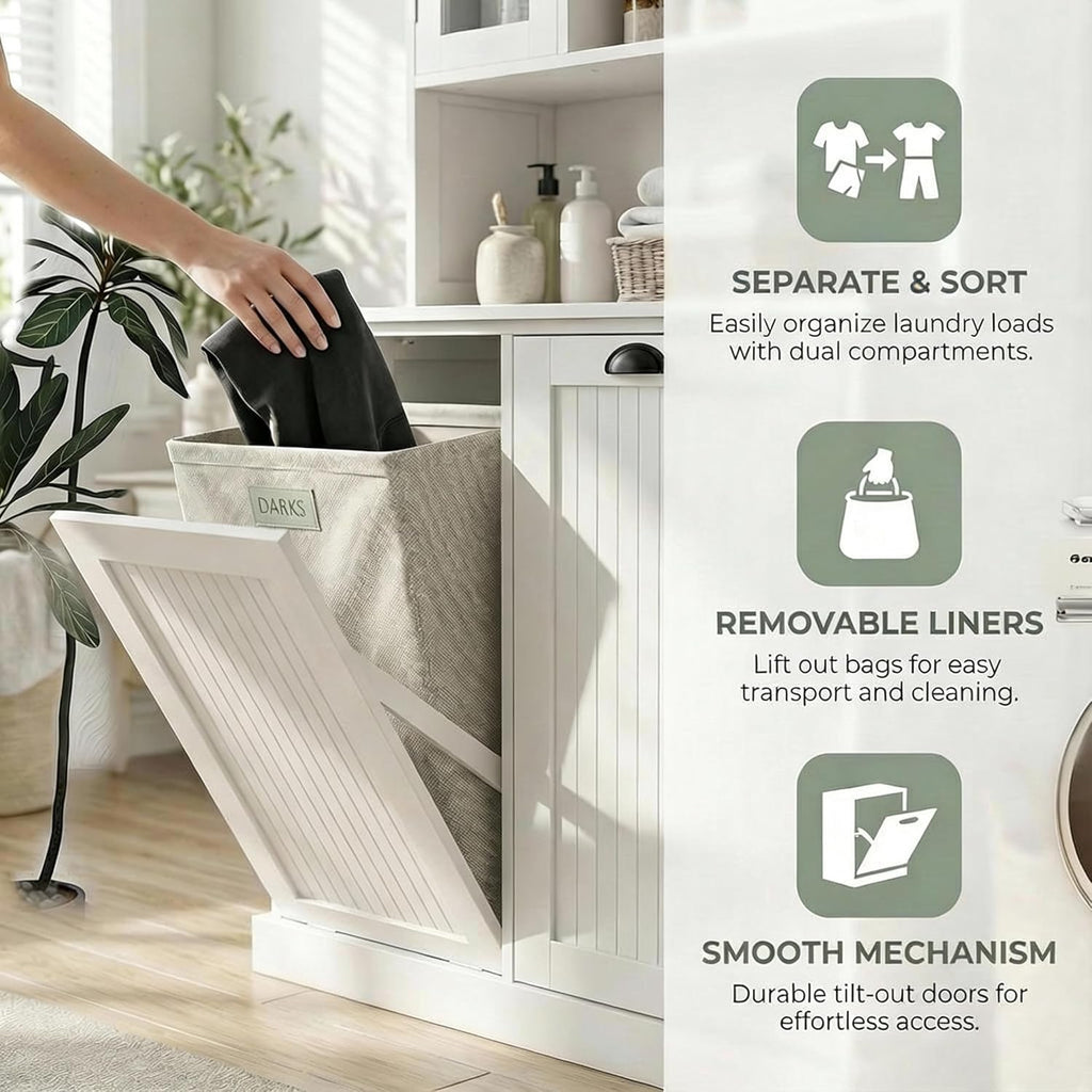 Laundry Room Storage Cabinets with Tilt-Out Double Doors, Laundry Cabinet with 2 Removeable Non-Woven Bags and Glass Doors 60” Tall Bathroom Cabinet with Adjustable Shelves (White)
