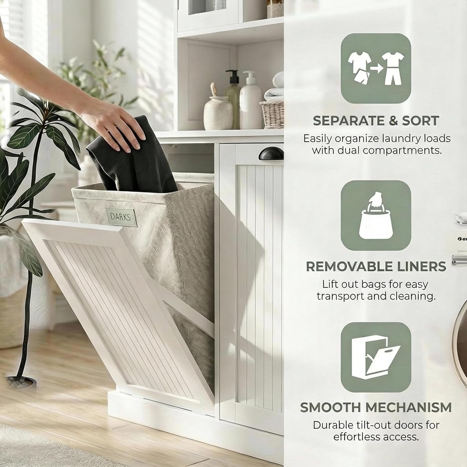 Laundry Room Storage Cabinets with Tilt-Out Double Doors, Laundry Cabinet with 2 Removeable Non-Woven Bags and Glass Doors 60” Tall Bathroom Cabinet with Adjustable Shelves (White)
