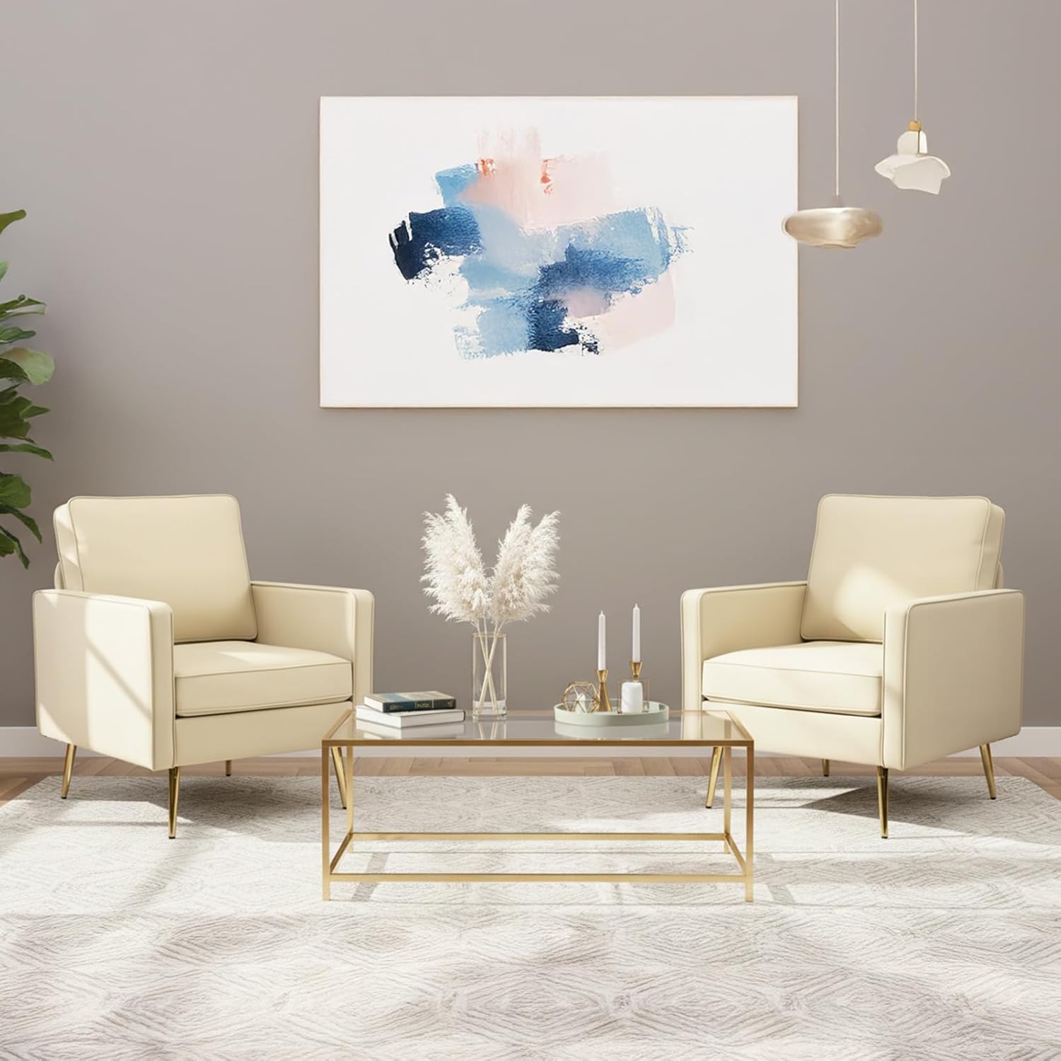 VINGLI Modern PU Leather Accent Chairs Set of 2, Single Sofa Chair with Pocket Coil Seat, Metal Backrest & Solid Wood Frame, Upholstered Armchair for Living Room, Bedroom or Office