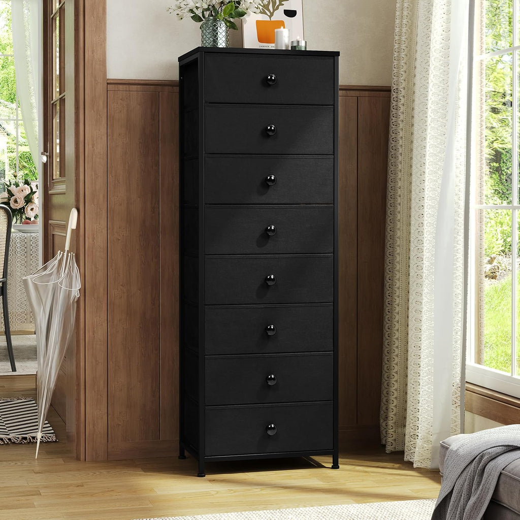Crestlive Products Tall Dresser, 8-Drawer Fabirc Storage Tower, Chests of Drawers - Vertical Organizer Unit for Bedroom, Hallway, Entryway, Nursery, Closets - Steel Frame, Wood Top & Handles (Black)