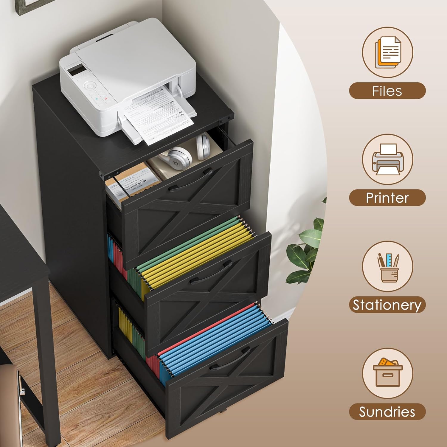 Halitaa 3 Drawer Tall File Cabinet with Wheels, Farmhouse Vertical Filing Cabinet Fits Letter/A4 Size, Rolling File Cabinets Wooden Printer Stand for Home Office, Black