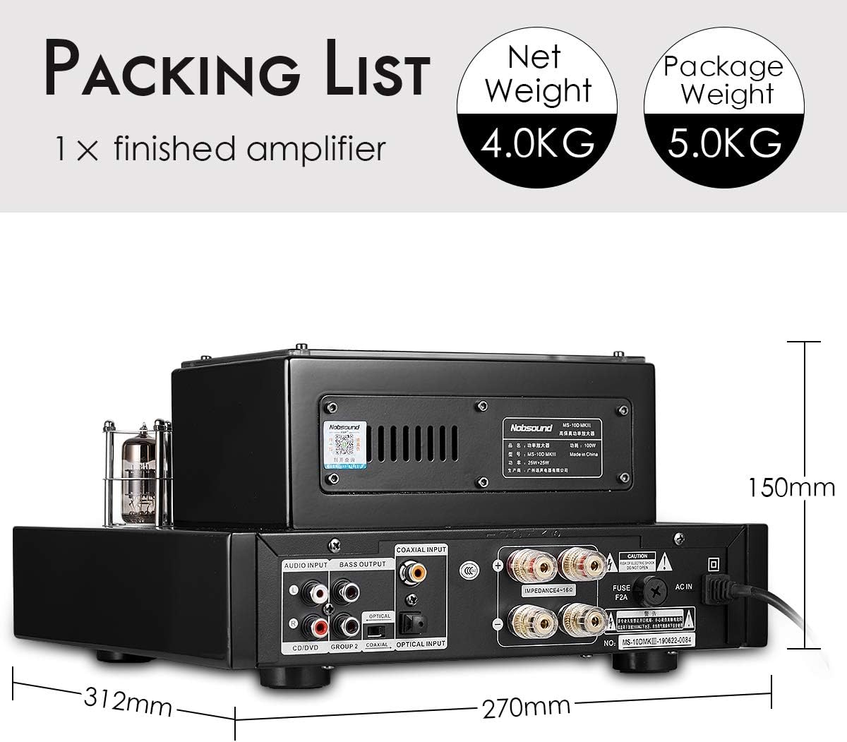 Nobsound MS-10D MKIII HiFi Bluetooth Hybrid Tube Power Amplifier Stereo Subwoofer Amp USB/Opt/Coax