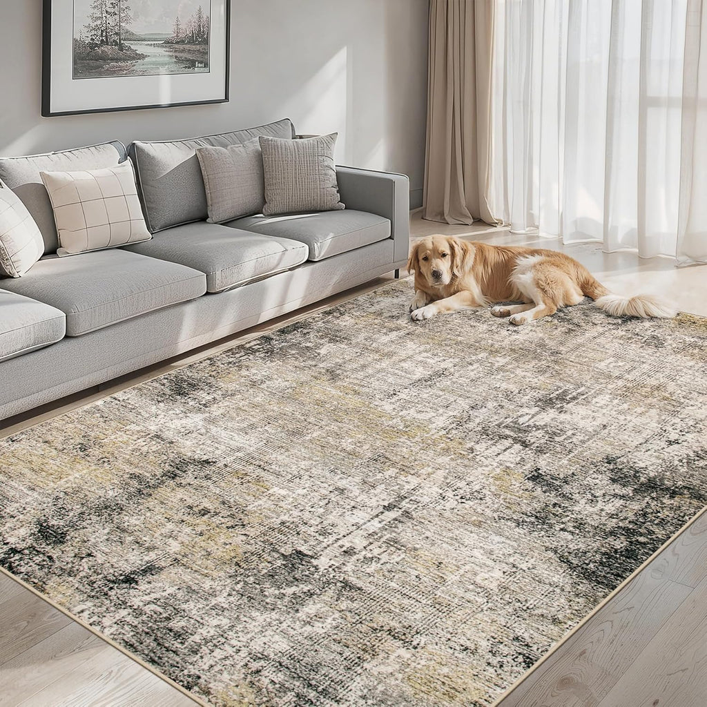 Area Rugs 9x12 Living Room - Washable Rug Modern Abstract Soft Large Neutral Non-Slip Carpet Indoor Floor Thin Carpets for Bedroom Dining Room Farmhouse Nursery Home Office Brown Black Grey
