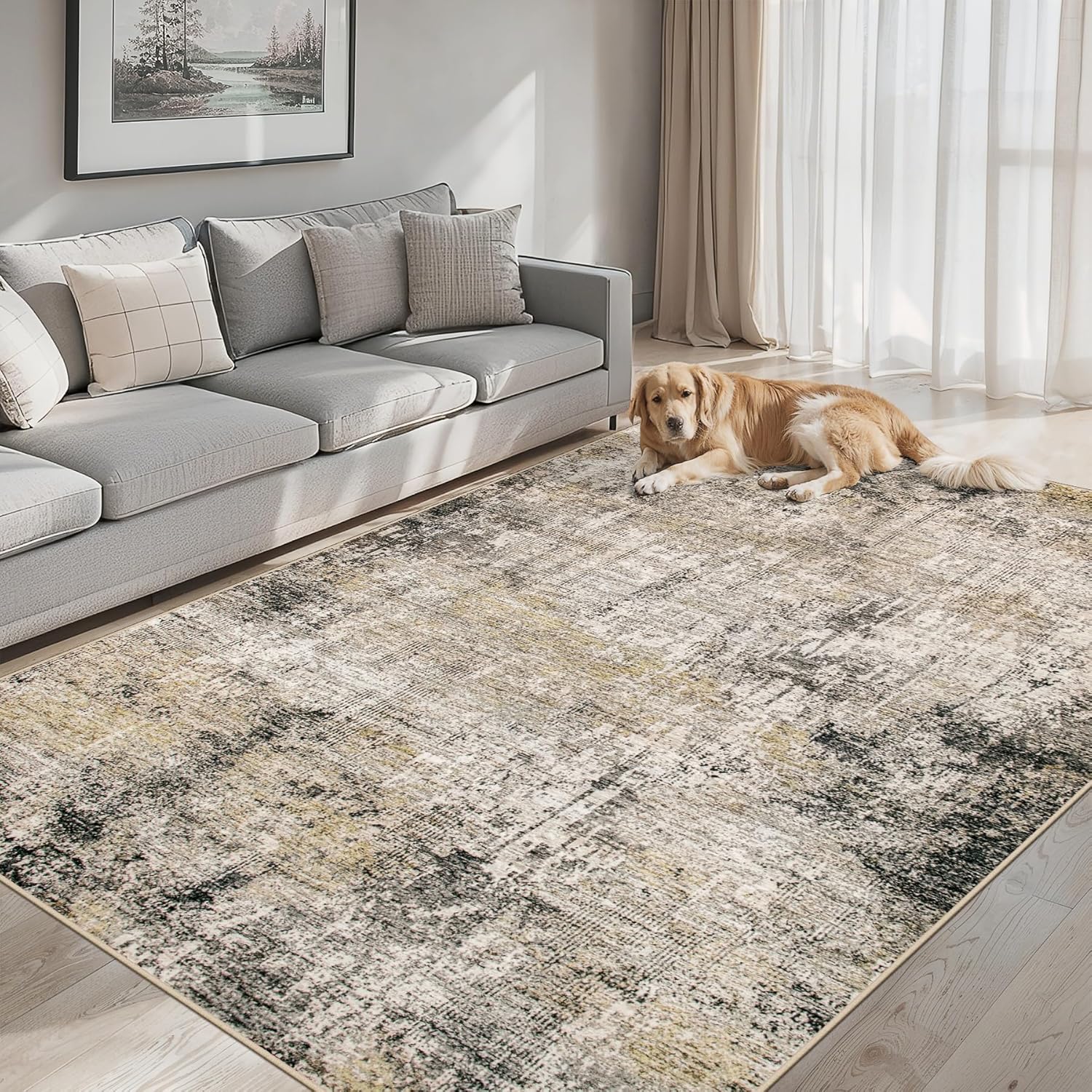 Area Rugs 9x12 Living Room - Washable Rug Modern Abstract Soft Large Neutral Non-Slip Carpet Indoor Floor Thin Carpets for Bedroom Dining Room Farmhouse Nursery Home Office Brown Black Grey