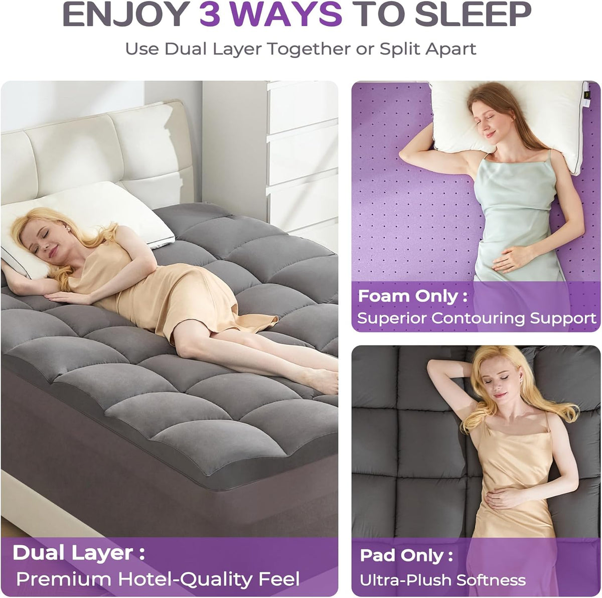 SINWEEK Dual Layer 5 Inch Memory Foam Mattress Topper King Size, 2 Inch Gel Memory Foam Plus 3 Inch 1450 GSM Down Alternative Quilted Pillow Top Mattress Pad Cover, Dark Gray