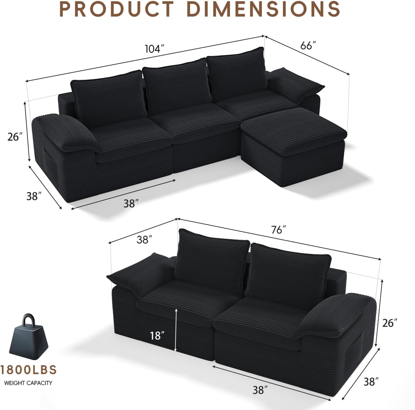 2 Pieces Cloud Sectional Couch Sets, Convertible Modular Sofa with Deep Seat, 104" L-Shaped Boneless Couches and 76" Loveseat Set for Living Room. Black