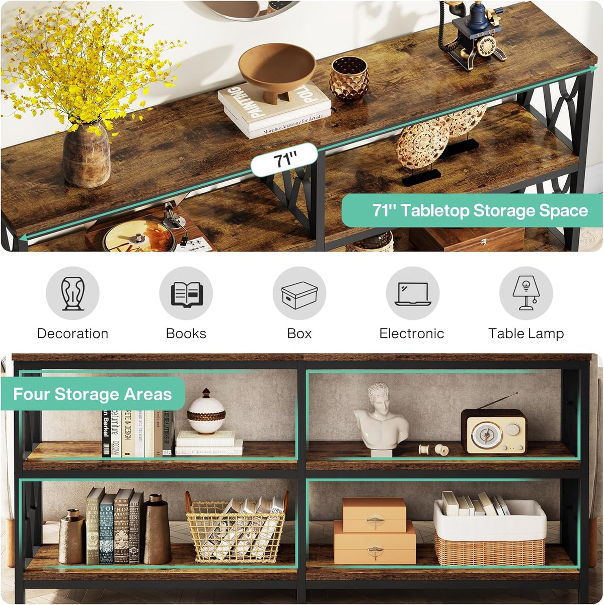 LITTLE TREE Console Table with Storage Shelves, 70.9" Industrial 3-Tier Sofa Table for Living Room, Long Foyer Table Entryway Table for Hallway, Front Door, Entrance, Rustic Brown & Black