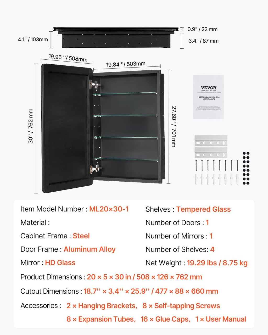 VEVOR Medicine Cabinet, 20 x 30 inch, Medicine Cabinet for Bathroom with Mirror, Aluminum Frame Bathroom Wall Cabinet, 4-Layer Adjustable Shelves, Recessed & Wall-Mounted Installation