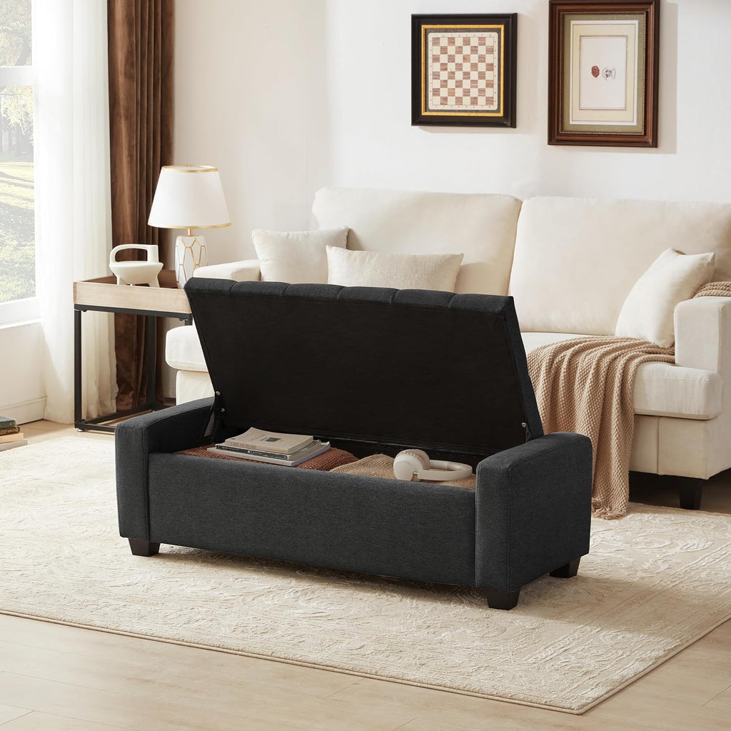 Huatean Home 48" Ottoman with Storage, Storage Ottoman Bench with Safety Hinge, Upholstered Entryway Bench with Seating for Bedroom, Living Room, Holds up to 330 lb, Dark Gray