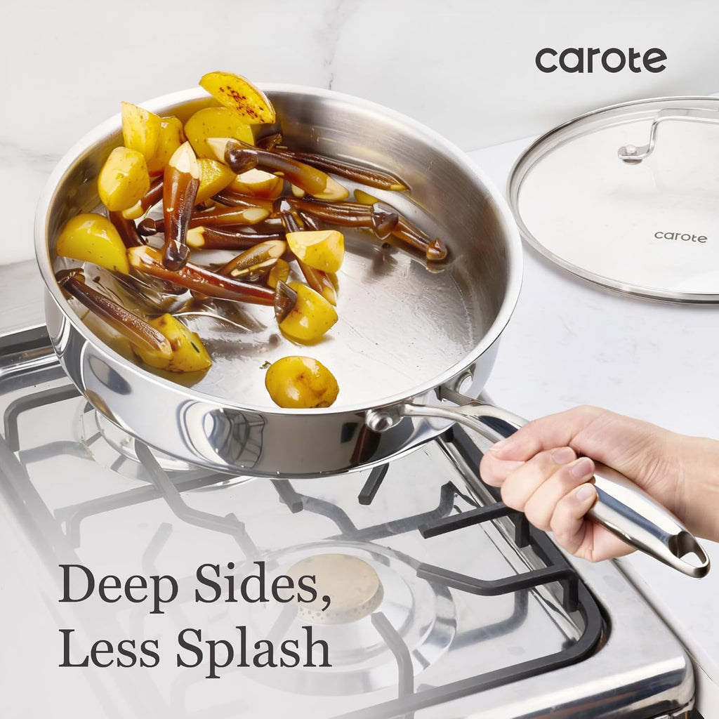 CAROTE 21pcs Tri-Ply Stainless Steel Cookware Set, Pots and Pans Set, Non Toxic Induction Kitchen Cooking Sets, Cookware Collection, Mirror Polish, Silver, Mothers Day Gifts