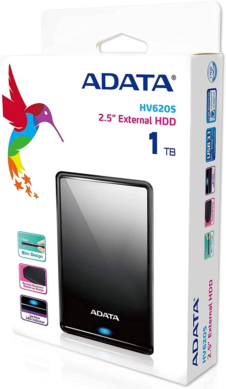 ADATA AHV620S-1TU3-CBK 1TB HV620S Slim External Hard Drive 2.5 USB 3.1 11.5mm Thick Black - (Storage > External Hard Drives)