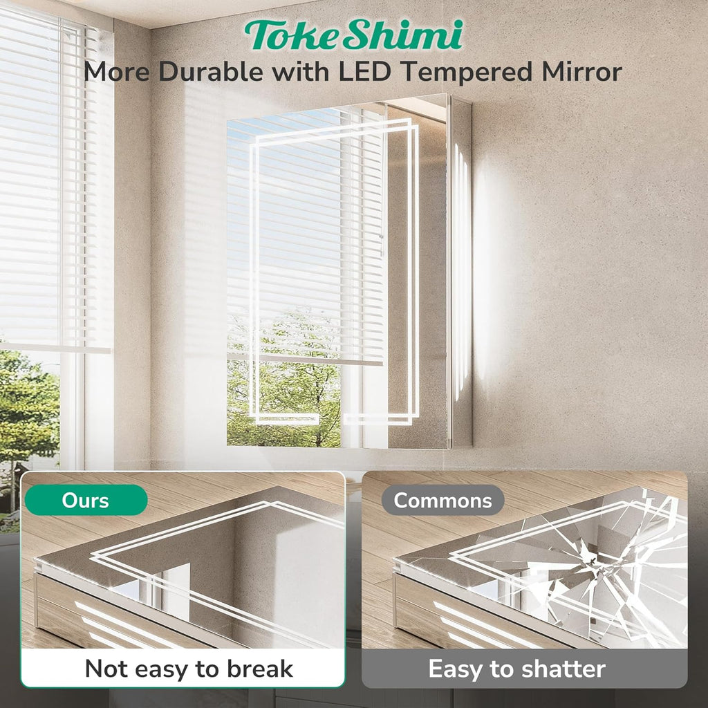 TokeShimi 48x32 Inch Lighted Medicine Cabinet, LED Medicine Cabinet with Lights, Wall-Mounted Bathroom Cabinet Mirror with 3 Color Temperature, Anti-Fog, CRI 80+, Memory Function, Tempered Glass