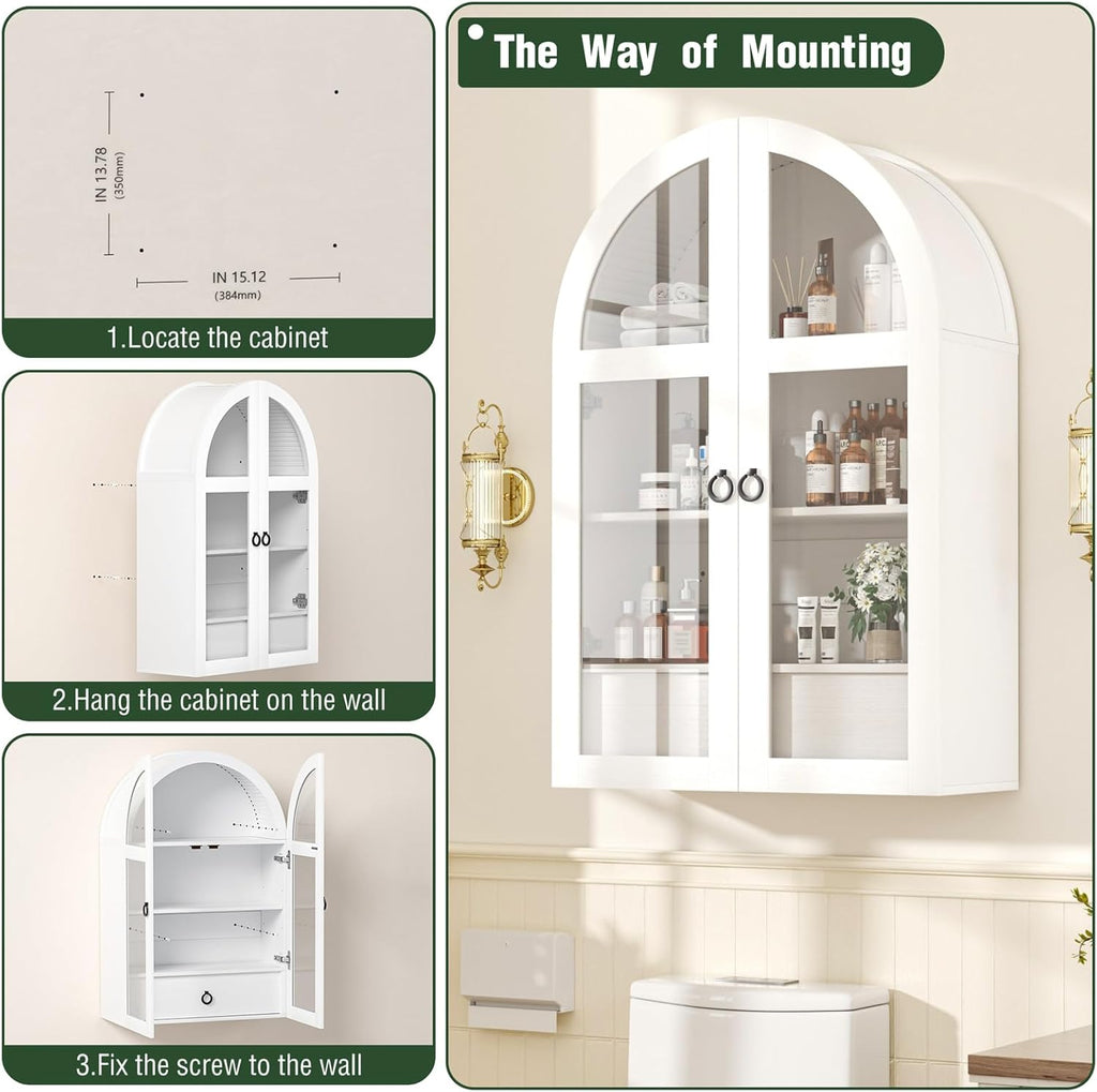 Arched Medicine Cabinet, White Bathroom Wall Cabinet with Tempered Glass Door and Adjustable Shelf for Kitchen, Living Room, Entryway, Laundry Room, Apartment, Office, Small Space