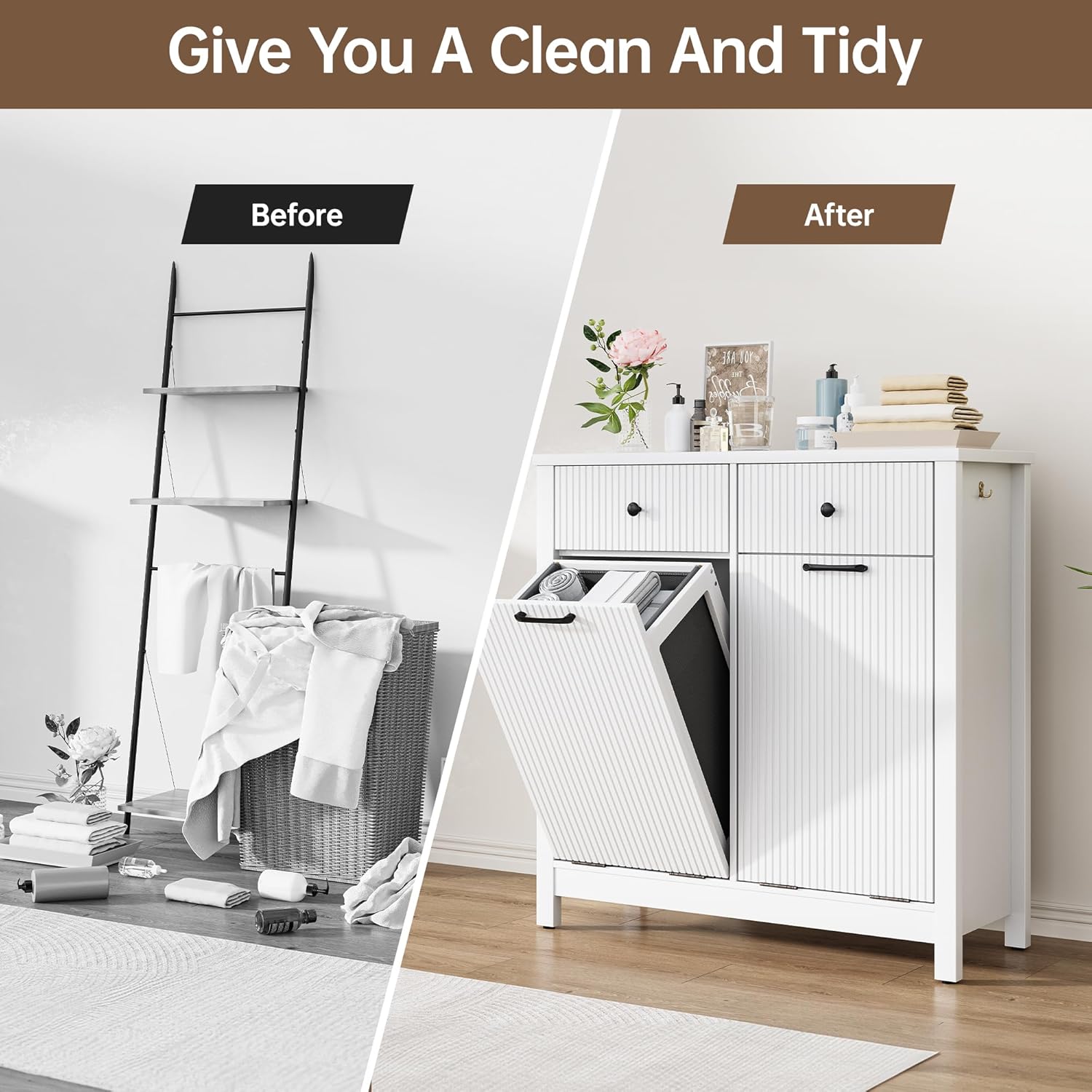 Airynee Double Tilt-Out Laundry Hamper Cabinet with 2 Drawers, 20 Gallon Fluted Trash Can Cabinet with Laundry Basket, Hidden Wood Garbage Can Bin Cabinets for Bathroom & Kitchen, White