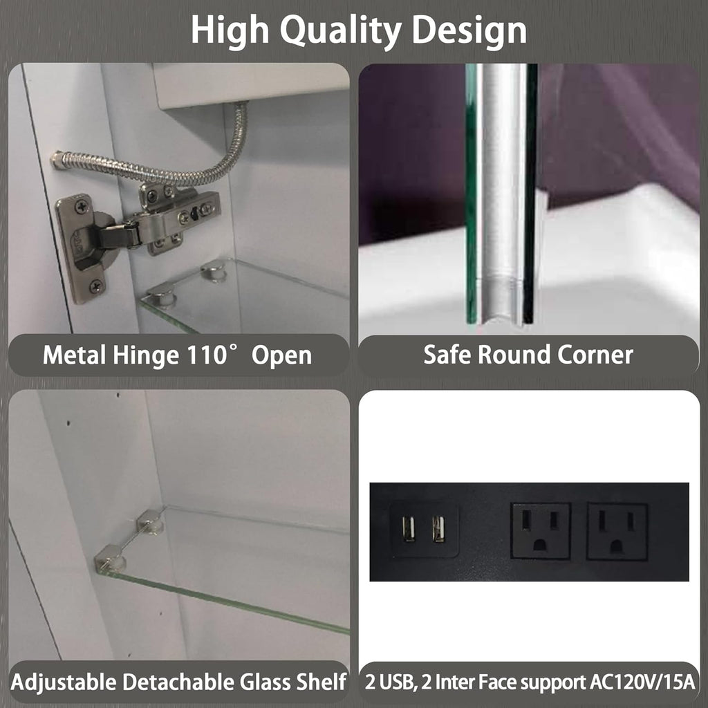 DEYGIA LED Medicine Cabinet with Mirror for Bathroom, Assembly-Free Lighted Medicine Cabinet, Defog, Stepless Dimming, 3 Colors, 2 Outlets, 2USB, Aluminum Wall Mounted Mirrored Cabinets, 40”Wx24“H