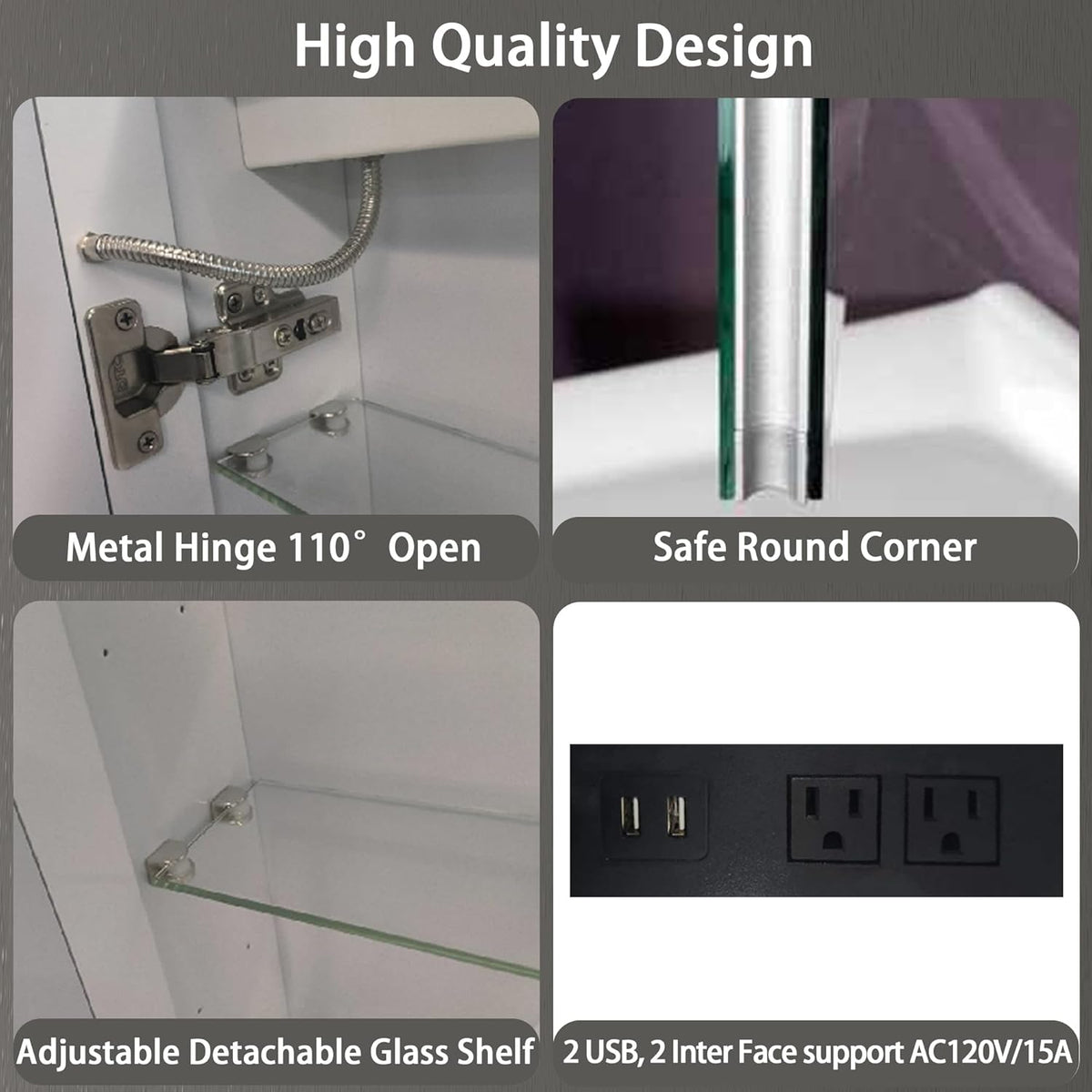 DEYGIA LED Medicine Cabinet with Mirror for Bathroom, Assembly-Free Lighted Medicine Cabinet, Defog, Stepless Dimming, 3 Colors, 2 Outlets, 2USB, Aluminum Wall Mounted Mirrored Cabinets, 40”Wx24“H