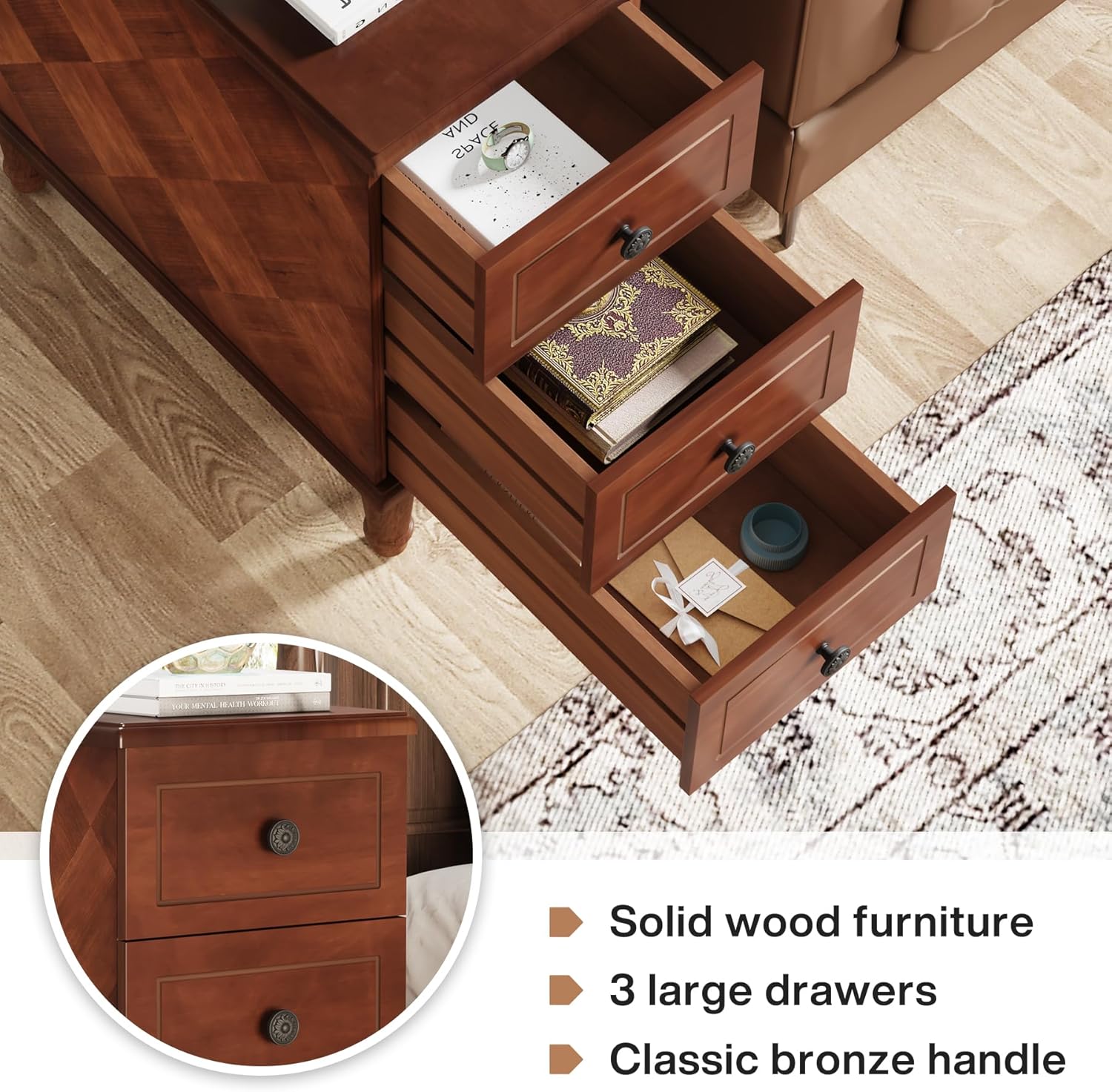 LITTLE TREE Fully Assembled End Table, Narrow Side Table with 3 Drawers, Pre-Assembled Nightstand Slim Bedside Table for Small Spaces, Living Room, Bedroom, Brown