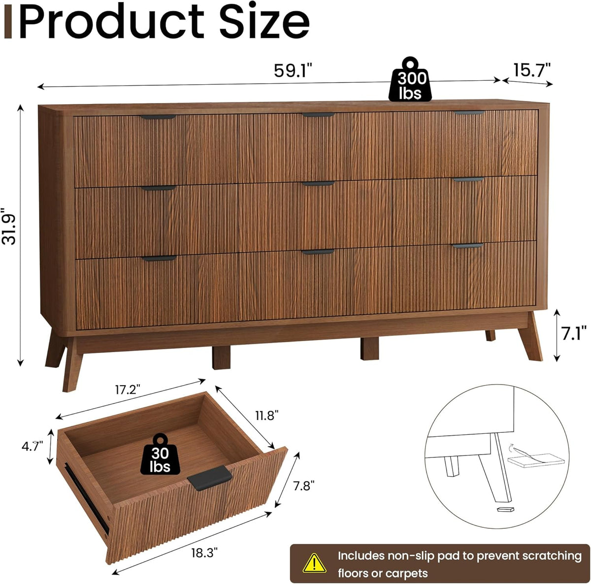 Fluted Dresser for Bedroom,59'' Modern Wooden Walnut Dresser with 9 Drawers, Bedroom Dressers, Natural Wood Chest of Drawers for Living Room, Hallway (Walnut)