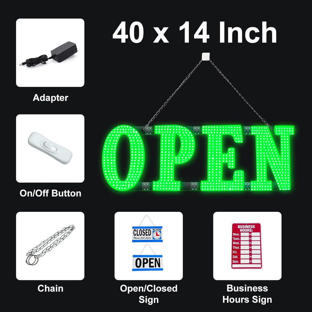 40"x14" Large LED Open Signs for Business Super Bright Unique Design Open Sign with Hanging Installation for Window Stores Bar Hotel Retail Shops Salon Restaurant Office Green