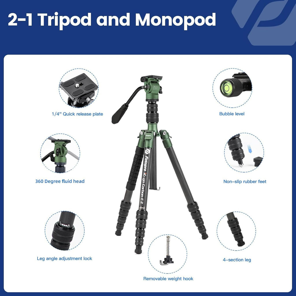 Fotopro 59" Carbon Fiber Travel Tripod with Fluid Head Detachable Monopod with Quick Release Plate and Bag Camera Tripod Load up to 8KG/17.63lbs X-go E2 Video Green