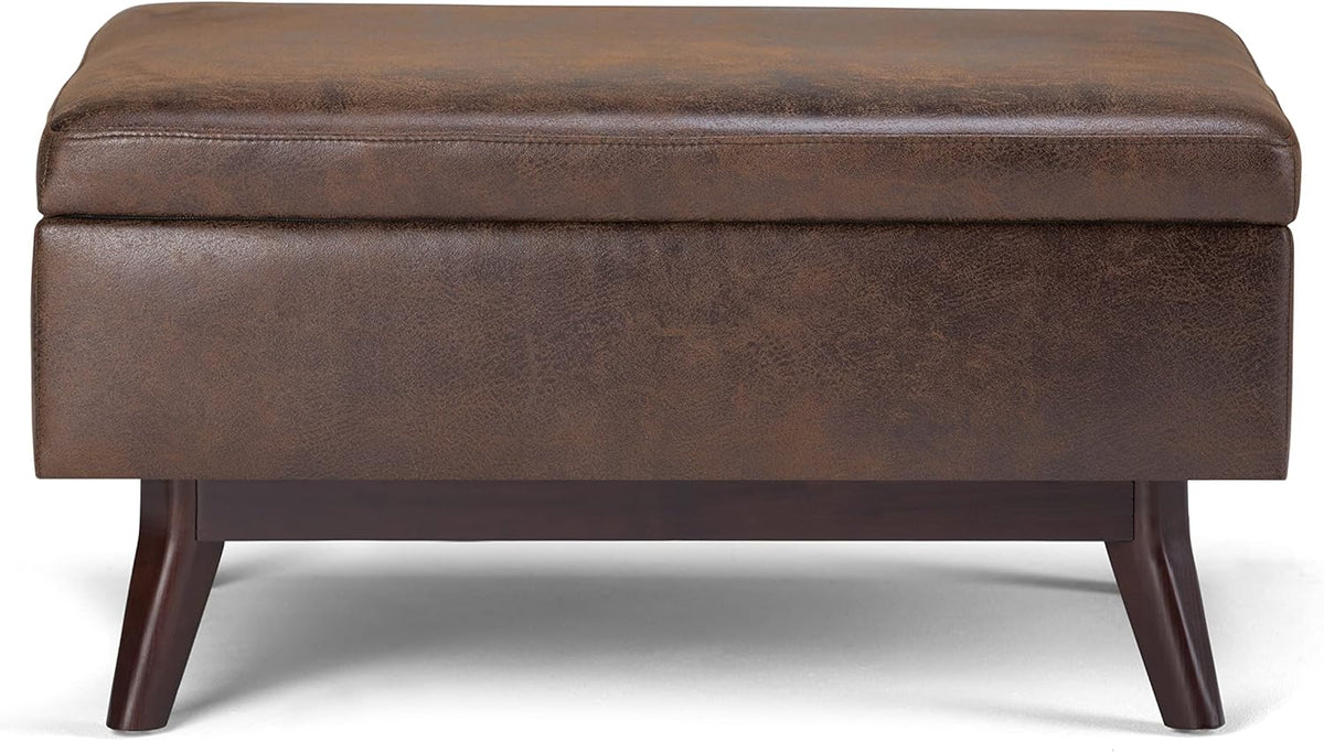SIMPLIHOME Owen Coffee Table Storage Ottoman - 34" Wide x 19" High Upholstered Vegan Leather Rectangular Lift-Top Ottoman in Distressed Chestnut Brown, Mid-Century Modern Bench with Tapered Legs
