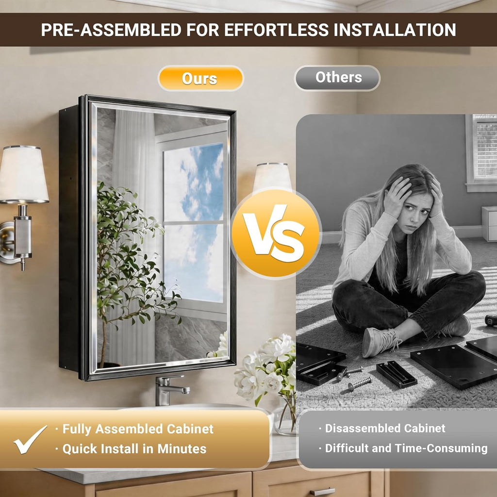 30x26 Pre-Assembled Black Medicine Cabinet with Mirror, Surface or Recessed Medicine Cabinet Mirror for Bathroom, Aluminum Beveled Frame Bathroom Vanity Mirror with Adjustable Shelves Storage