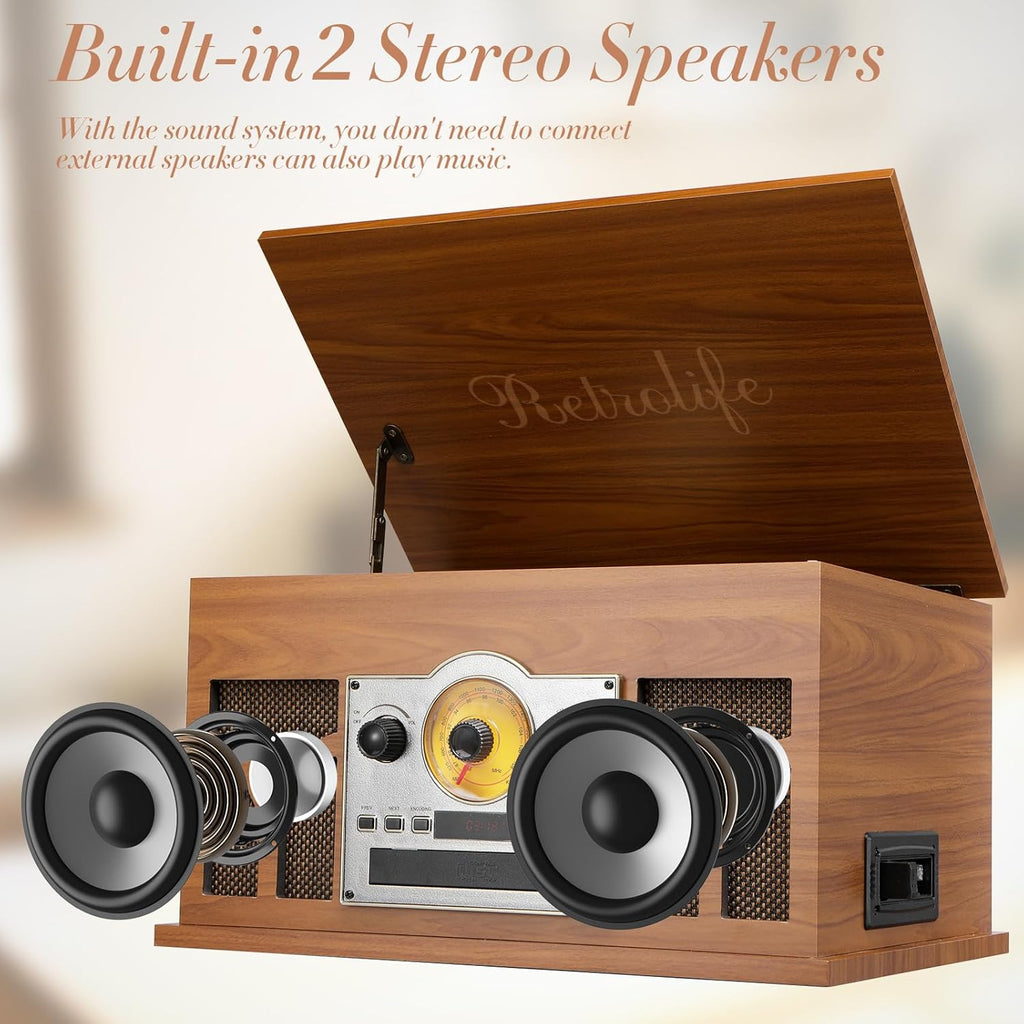 10-in-1 Record Player with Built-in Speakers Wireless Playback, CD & Cassette Player, USB Player, AM/FM Radio, 3 Speeds Turntable Vinyl Record Player Mahogany