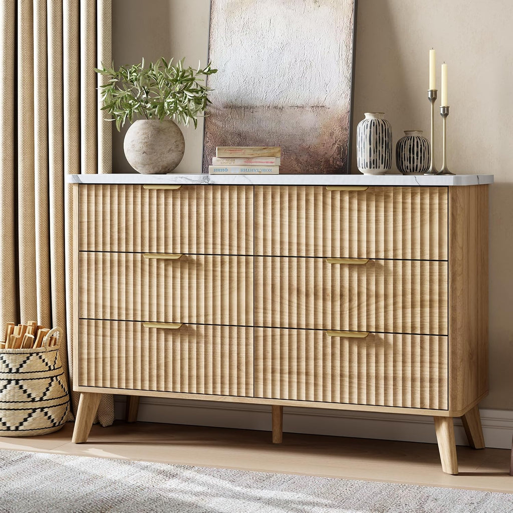 Fluted Dresser for Bedroom with 6 Deep Drawers, 47.2 in Tall Chest of Drawers with Faux Marble Top, Curved Profile Design, Modern Wooden Dresser, for Living Room, Kids Room, Hallway, Natural Oak