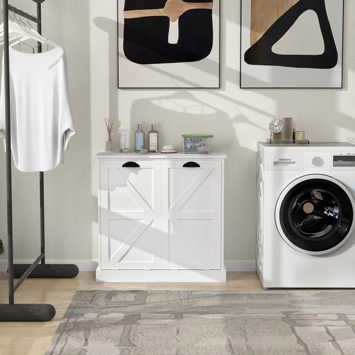 Modern Farmhouse Barn Door Double Compartment Slanted Laundry Organizer,Freestanding Hidden Laundry Cabinet with 2 Removable Liner Pockets for Bathroom(White-03)