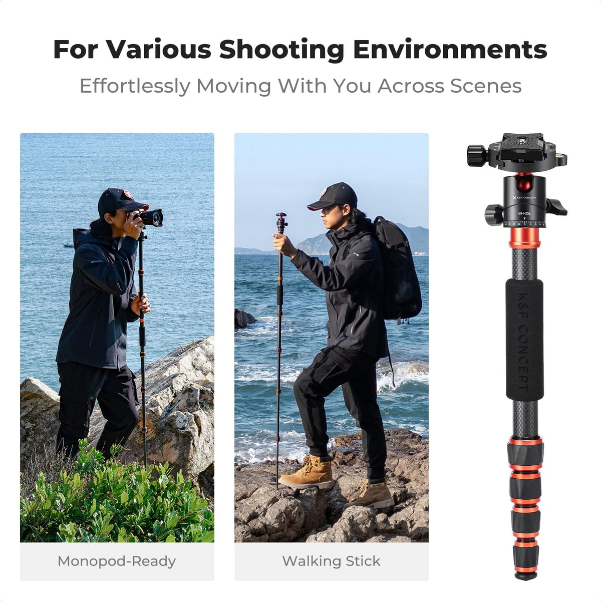 K&F Concept 60 inch Carbon Fiber Camera Tripod,Super Lightweight Compact Travel Tripod with 360 Degree Ball Head,Quick Release Plate,Detachable Monopod 8KG Load Capacity for SLR DSLR C225C0 (BA225)