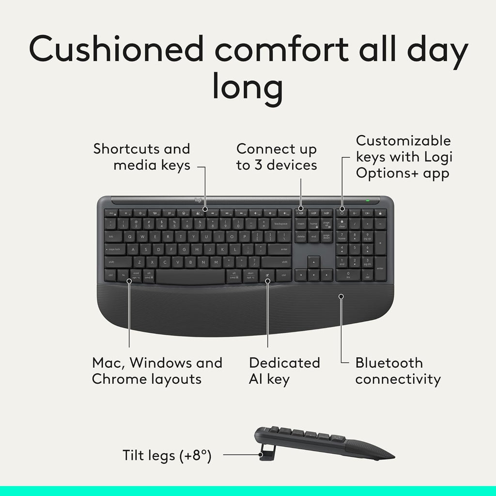 Logitech Signature Comfort Plus Combo MK880 Wireless Keyboard and Mouse Combo, Full-Size Comfort Keyboard with Palm Rest, Silent Clicks, Bluetooth, for Windows and macOS - Graphite