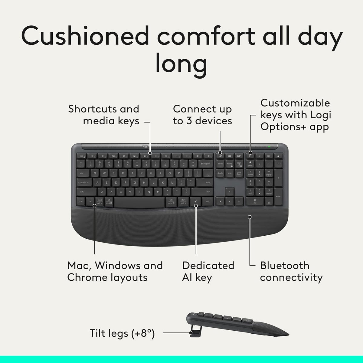Logitech Signature Comfort Plus Combo MK880 Wireless Keyboard and Mouse Combo, Full-Size Comfort Keyboard with Palm Rest, Silent Clicks, Bluetooth, for Windows and macOS - Graphite