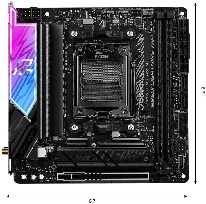 ASRock AMD B850i Lightning WiFi 6E Socket AM5 Ryzen 9000/8000/7000 Series DDR5 8200+ (OC) MHz 128GB Mini ITX Motherboard M.2 SATA3 6.0 Gb/s PCIe 5.0 B850 BIOS Flashback