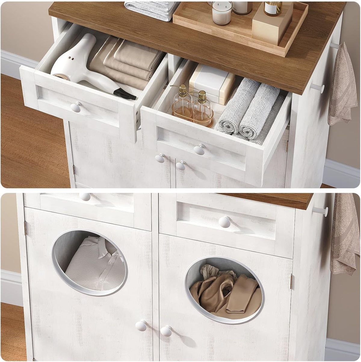HOOBRO Double Laundry Hamper Cabinet, Hidden Laundry Cabinet with 2 Drawers & 2 Baskets, 20 Gallon Farmhouse Bathroom Laundry Hamper with 2 Clothes-Toss Holes, White and Dark Walnut WHZ36XY01