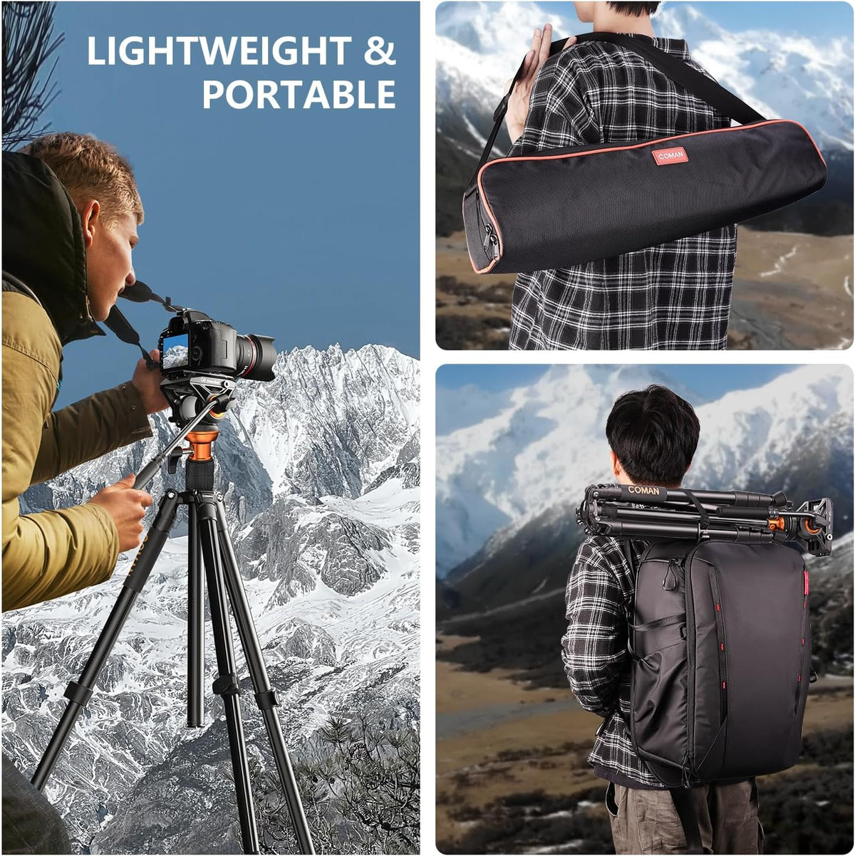 COMAN Camera Tripod with Fluid Head, Lightweight Compact Tripod for Camera with Detachable Monopod Aluminium Alloy and QR Plate for DJI Canon Nikon Sony DSLR Camera 70.8“ Max Load 22.04lb(FF06S)