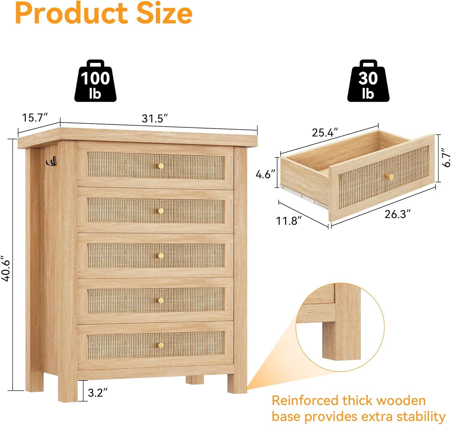 Natural Rattan Dresser for Bedroom with 5 Drawers, Wood Boho Chest of Drawers with Gold Metal Handle, Matte Top Bedroom Tall Dresser with Large Drawers for Living Room, Closet, Hallway, (Nartual)
