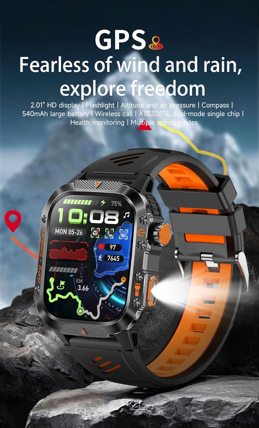 GPS Running Watch for Men Women, 2.01" Fitness Watch with GPS Compass Altimeter, Bluetooth Calls, Heart Rate & Sleep Monitor, Waterproof Outdoor Watch (Blue Silicone Strap)