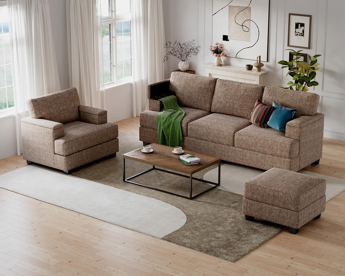85'' L Shaped Couch with Armrest Organizer,Comfy 3 Seats Sofa with Thick Cushion,Chenille Sectional Couches for Living Room,Bedroom,Apartment,Sofa Set with Oversized Chair,Home Furniture,Brown