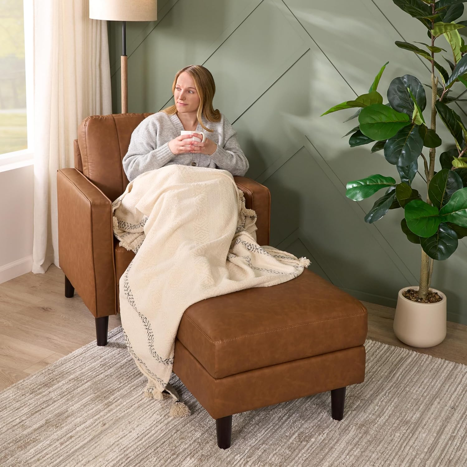 Bush Home Storage Ottoman with Tray, Living Room Furniture, Max Collection, Buffed Camel Vegan Leather