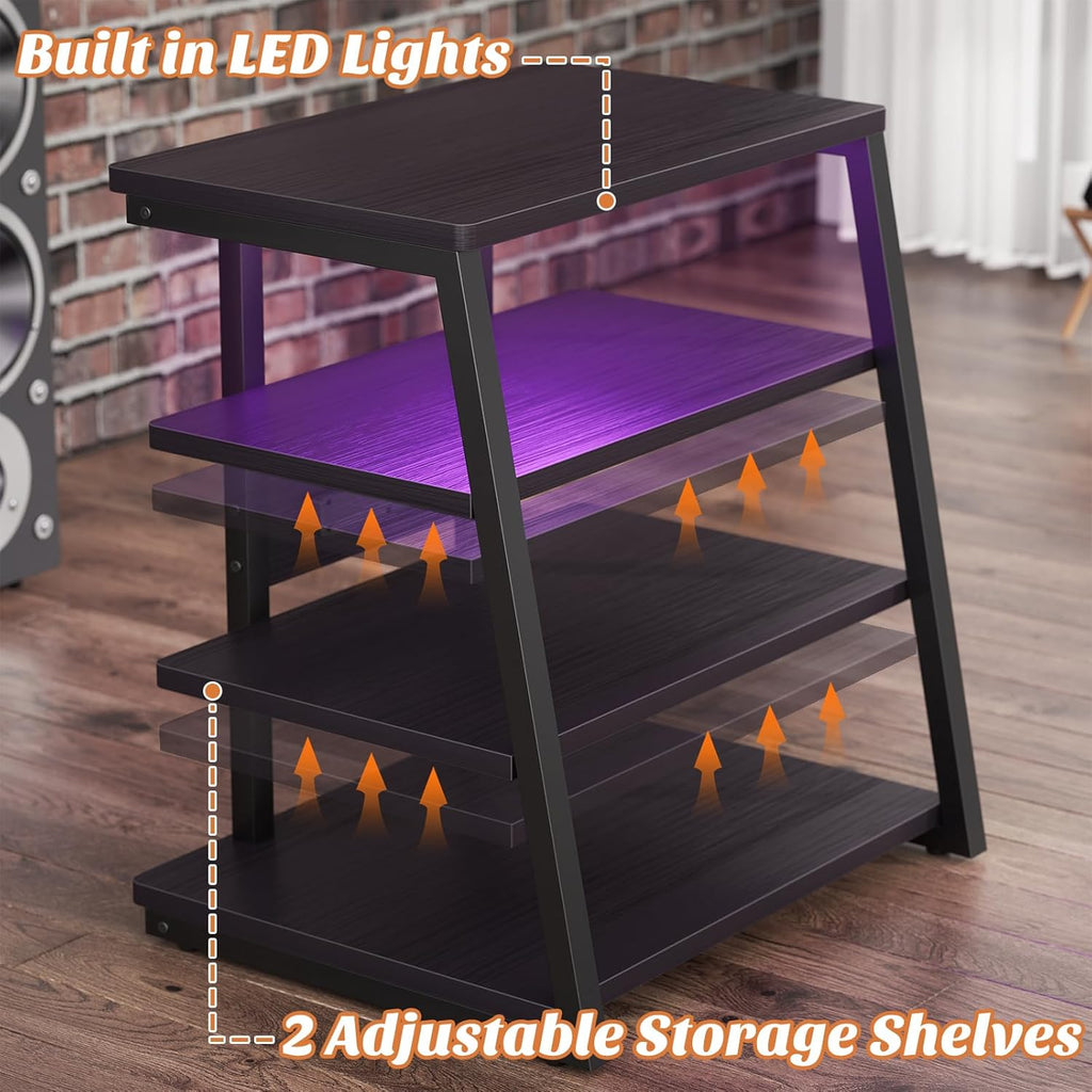 Besiost AV Media Stand with Outlets, Media Console with LED Lights, Stereo Racks and Stands with Storage Shelves, Media Audio Tower Cabinet, Black Enoby